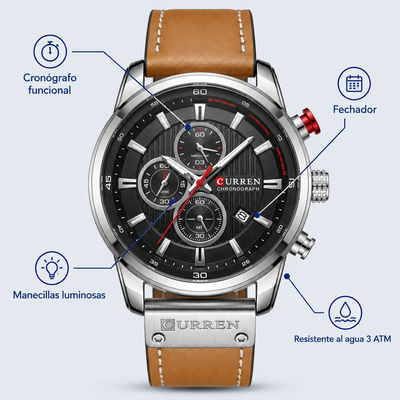 Reloj Curren MD8291: cronógrafo funcional, fechador, manecillas luminosas, resistente al agua 3 ATM