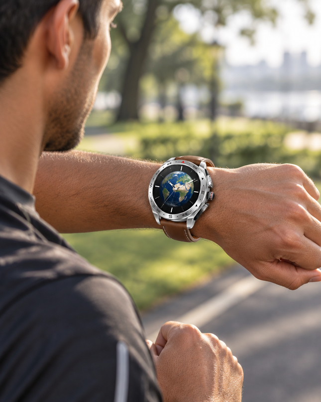 Smartwatch MDT95 puesto en la muñeca mientras corre