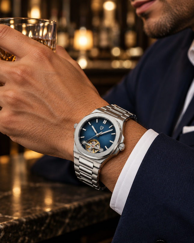 Reloj automático Pagani Design Corazón Abierto puesto en la muñeca