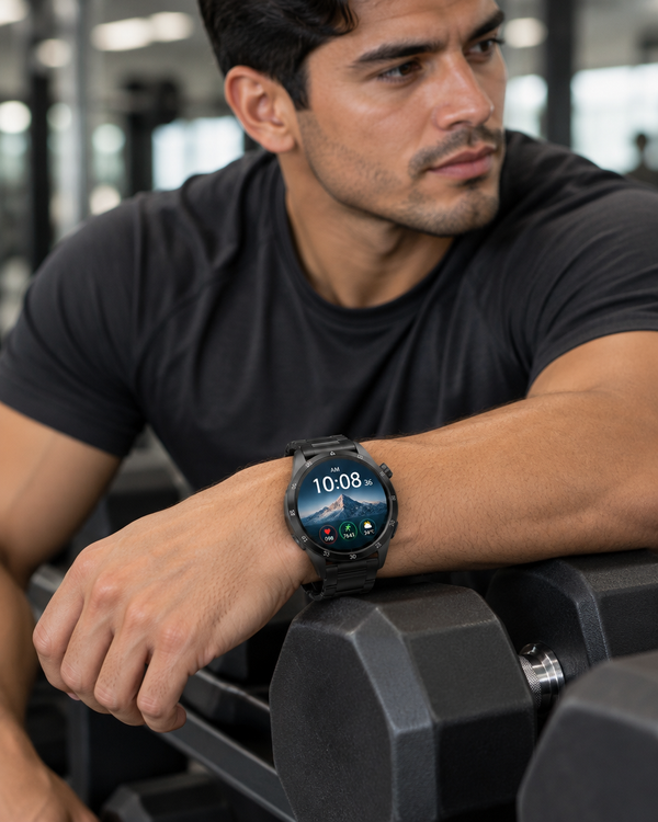 Smartwatch GT4 Pro puesto en la muñeca en el gimnasio