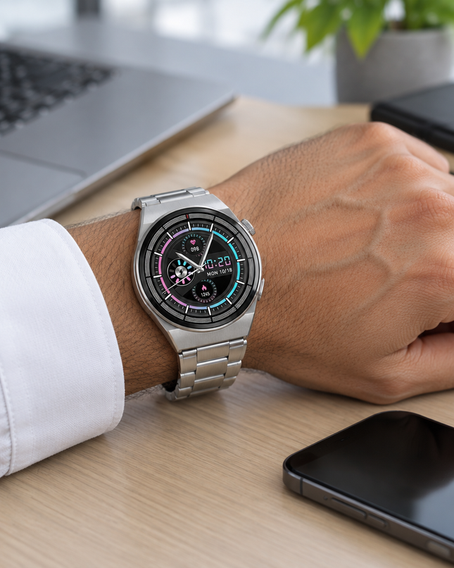 Smartwatch GT3 MAX plateado puesto en la muñeca