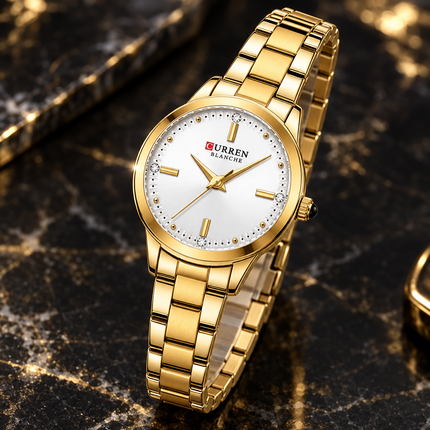 Detalle del reloj CURREN 9094 dorado con esfera blanca