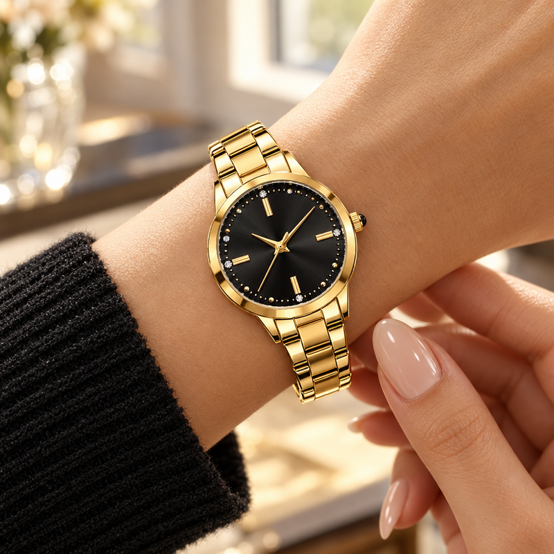 Reloj CURREN 9094 dorado con esfera negra en la muñeca