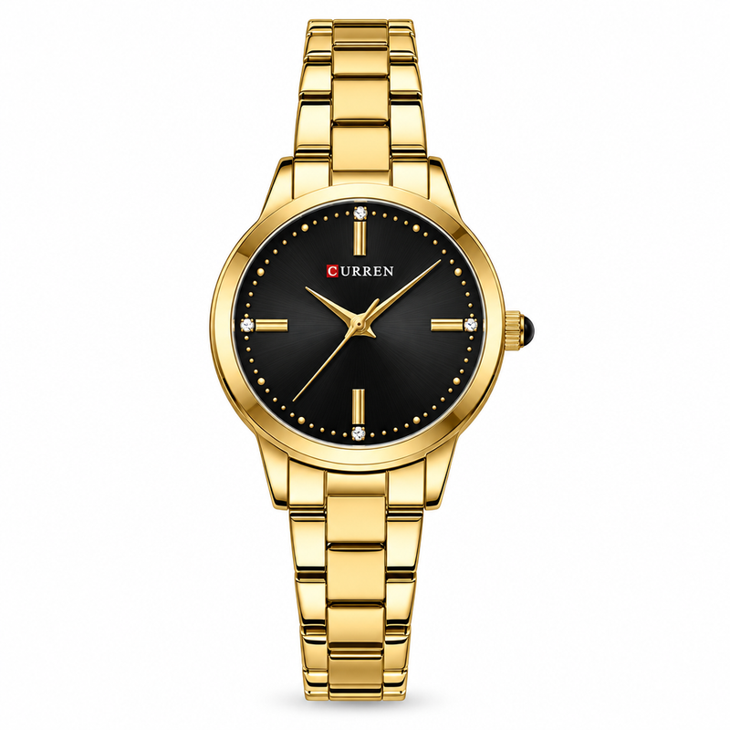 Reloj CURREN 9094 dorado con esfera negra vista frontal