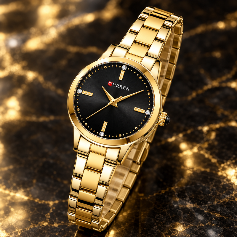 Detalle del reloj CURREN 9094 dorado con esfera negra