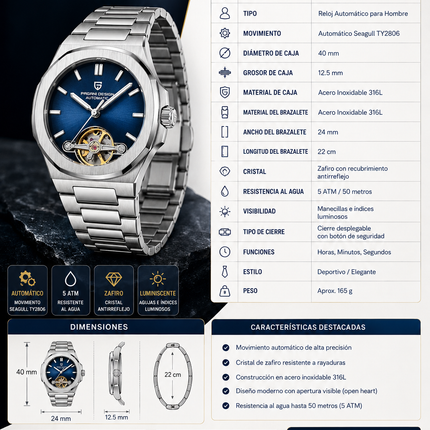 Reloj Automático Pagani Design - Semi Corazon Abierto