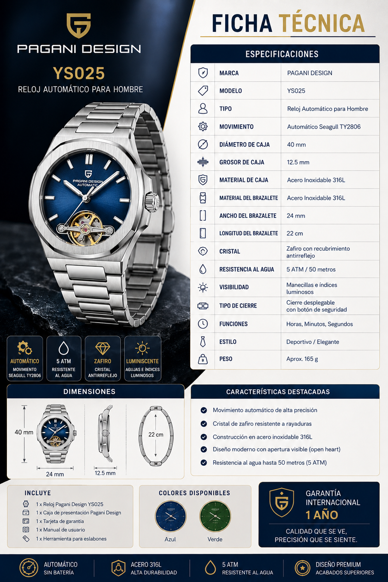 Reloj Automático Pagani Design - Semi Corazon Abierto