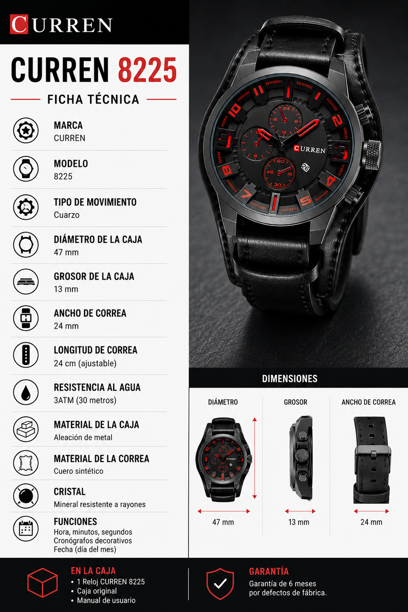 Reloj Curren Negro -  Contra el Agua - Analogo
