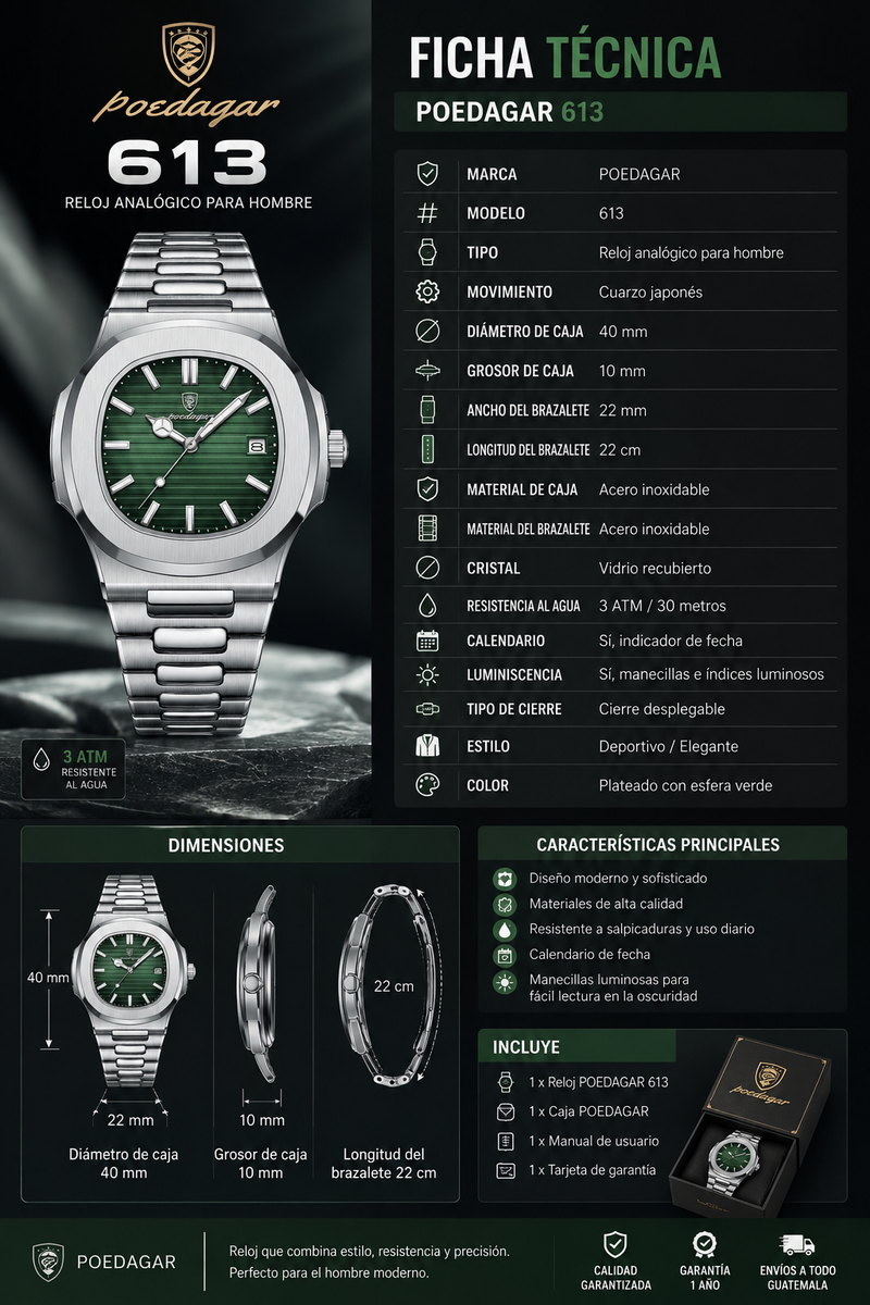 Reloj Poedagar Con Fechador - Verde M613