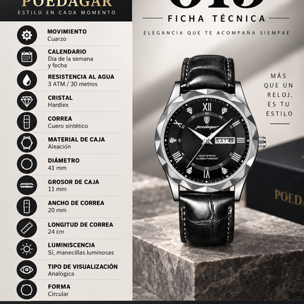 Reloj Poedagar 615 – Acero Inoxidable con Fechador, Sumergible 30 m