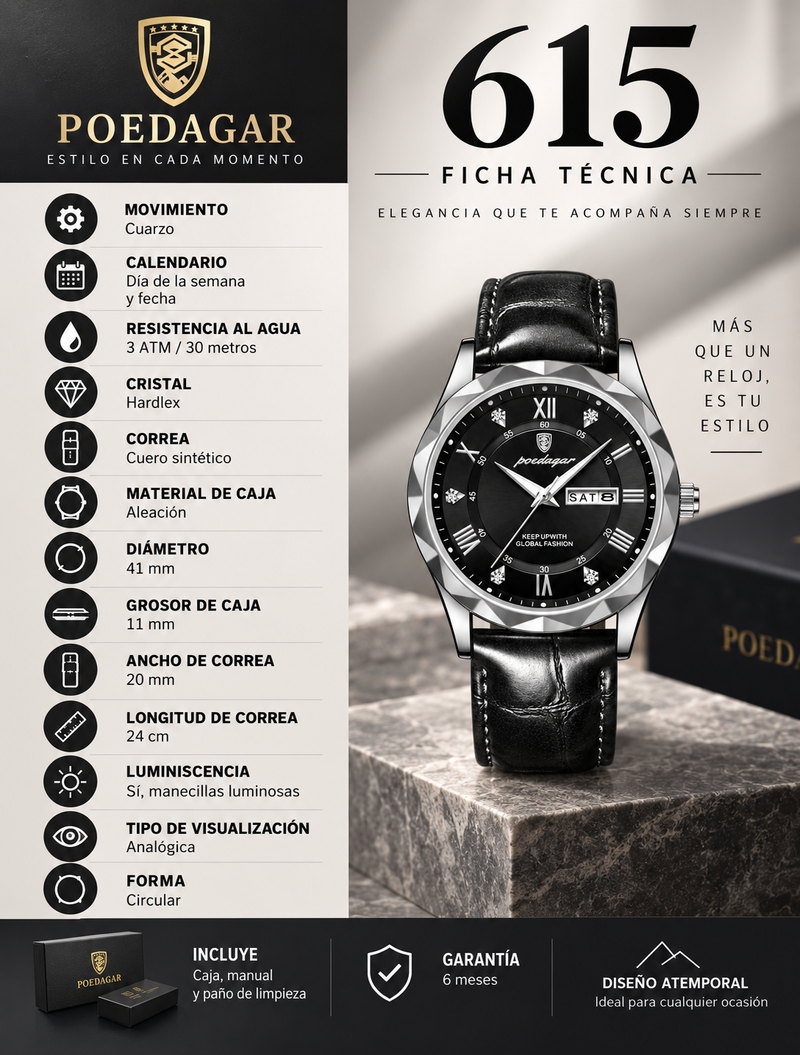 Reloj Poedagar 615 – Acero Inoxidable con Fechador, Sumergible 30 m